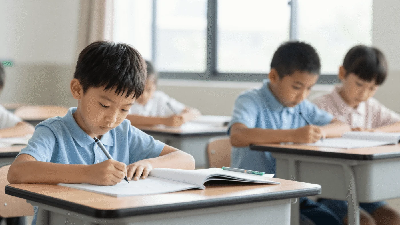 Child sitting alone at a school desk while classmates blur in the background