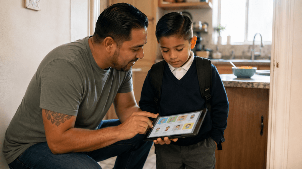 A Latino father crouches beside his young son in school uniform, both looking at a colourful routine app on a tablet, kitchen in the background
