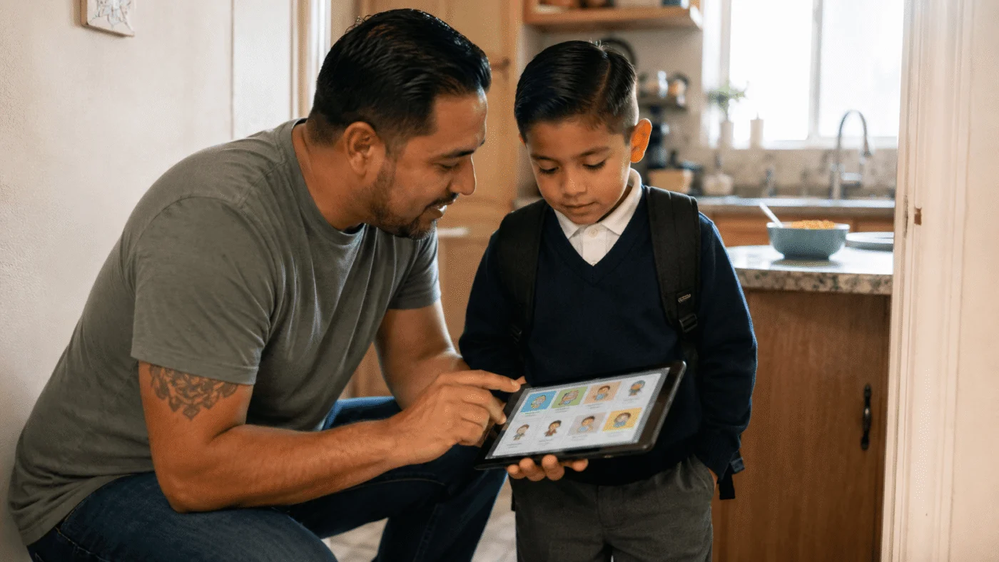 A Latino father crouches beside his young son in school uniform, both looking at a colourful routine app on a tablet, kitchen in the background