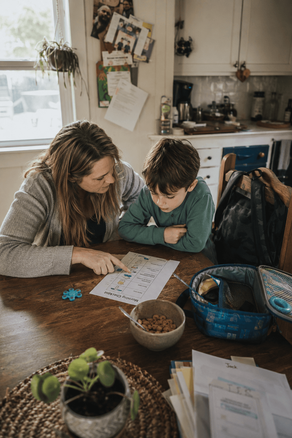 A mother sits beside her young son at a kitchen table, both looking at a visual morning routine schedule