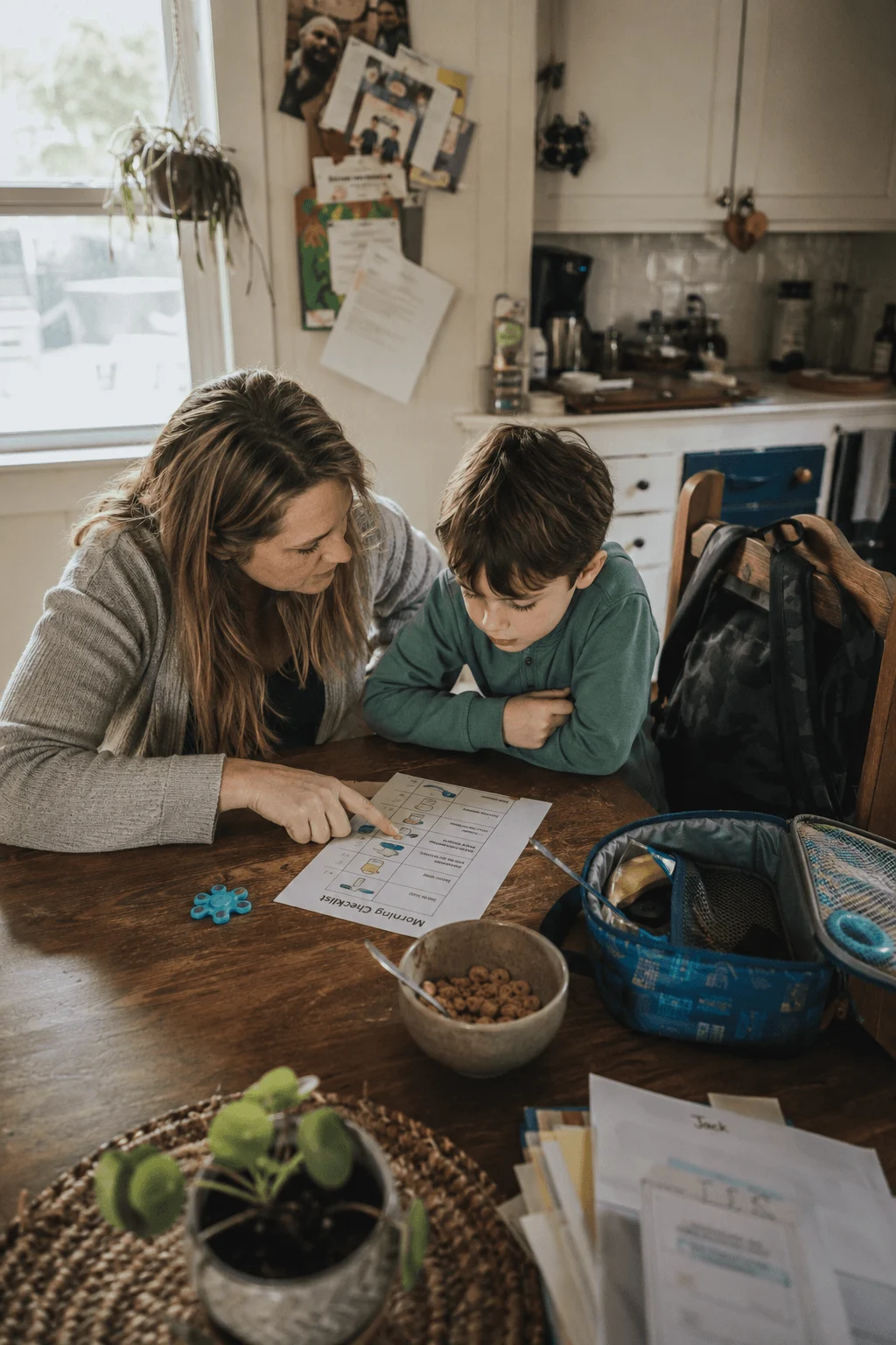 A mother sits beside her young son at a kitchen table, both looking at a visual morning routine schedule