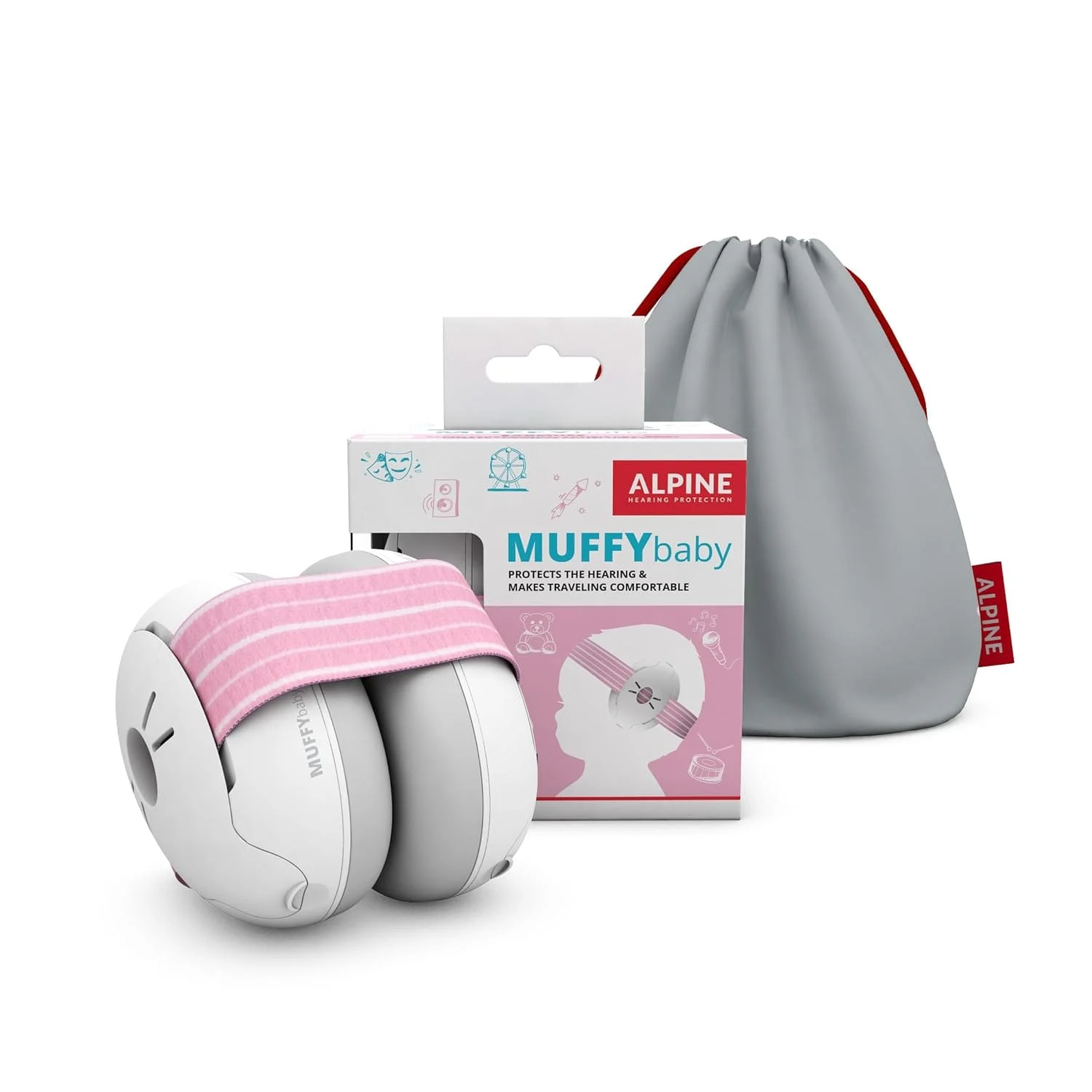 Alpine Muffy pink baby and toddler ear defenders, light and soft enough for a small head