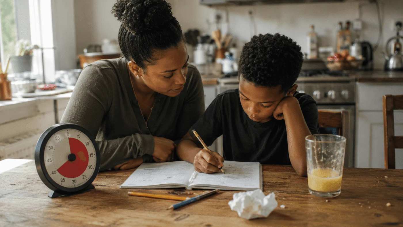 A mother sits beside her young son at the kitchen table doing homework, a red-disk visual timer counting down in the foreground