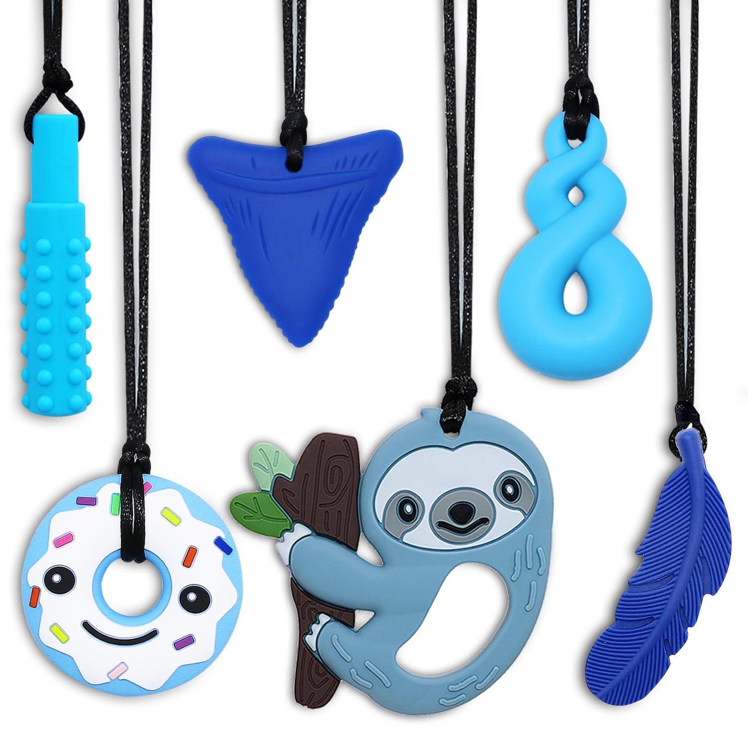 Blue silicone sensory chew necklaces in fun shapes, including a donut, sloth, feather, twist, tube, and shark tooth.