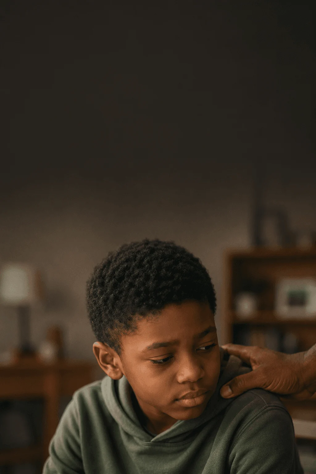 A young boy looks down quietly while an adult hand rests gently on his shoulder in soft indoor light