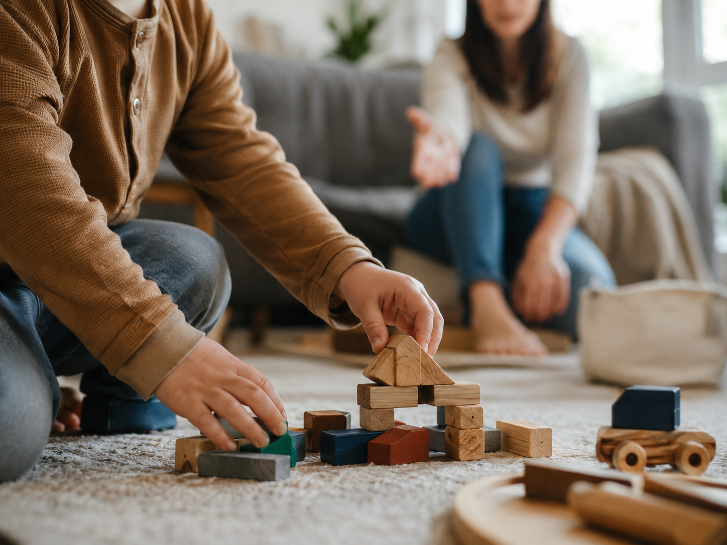 Child focused on building blocks while a parent tries to get their attention.