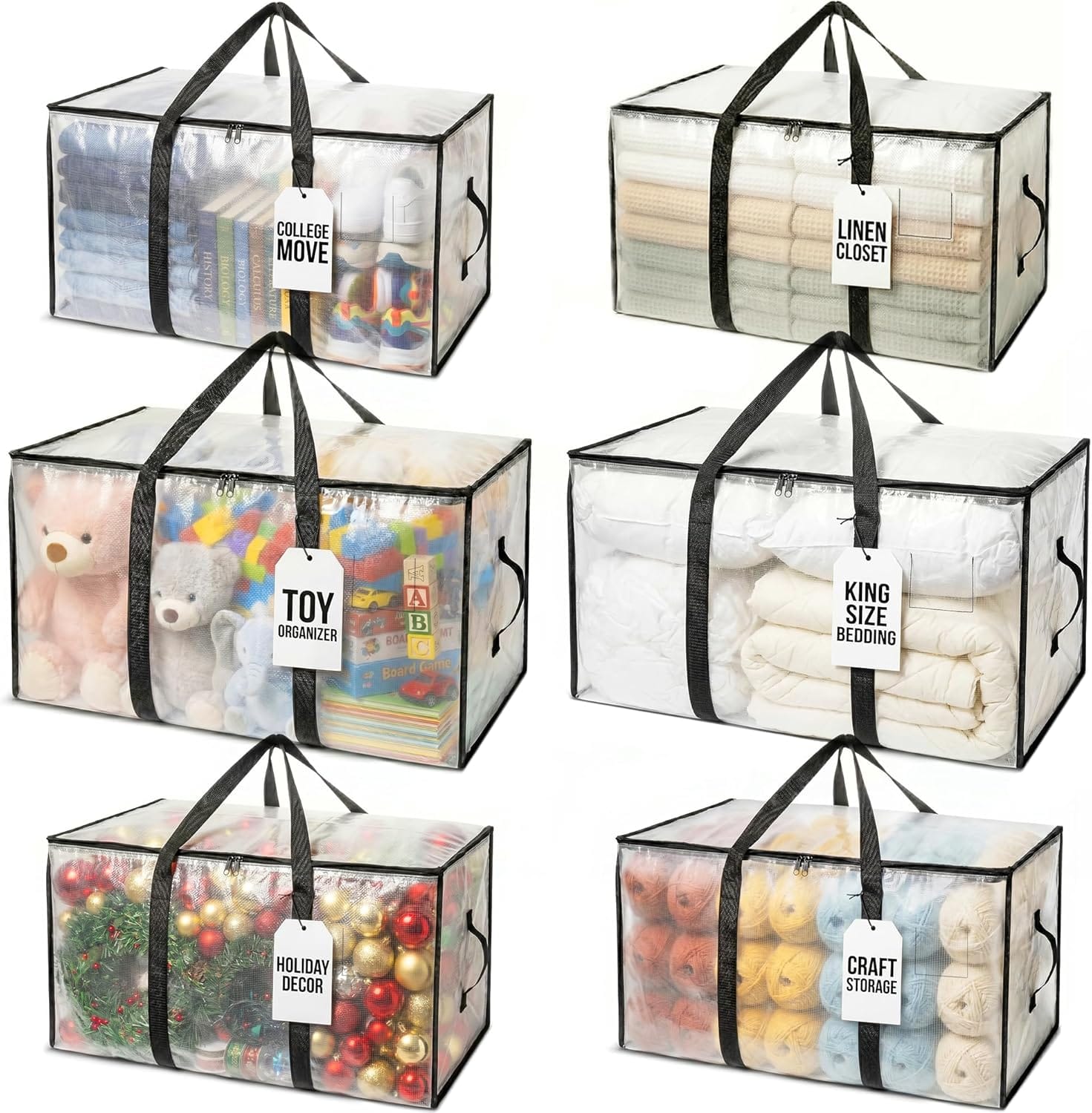 Clear zippered storage bags filled with toys, bedding, books, craft supplies, and home items for easy organization.