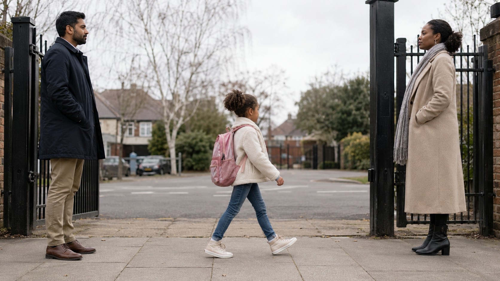 Two separated parents stand at a school gate as their young daughter walks between them during a co-parenting handover