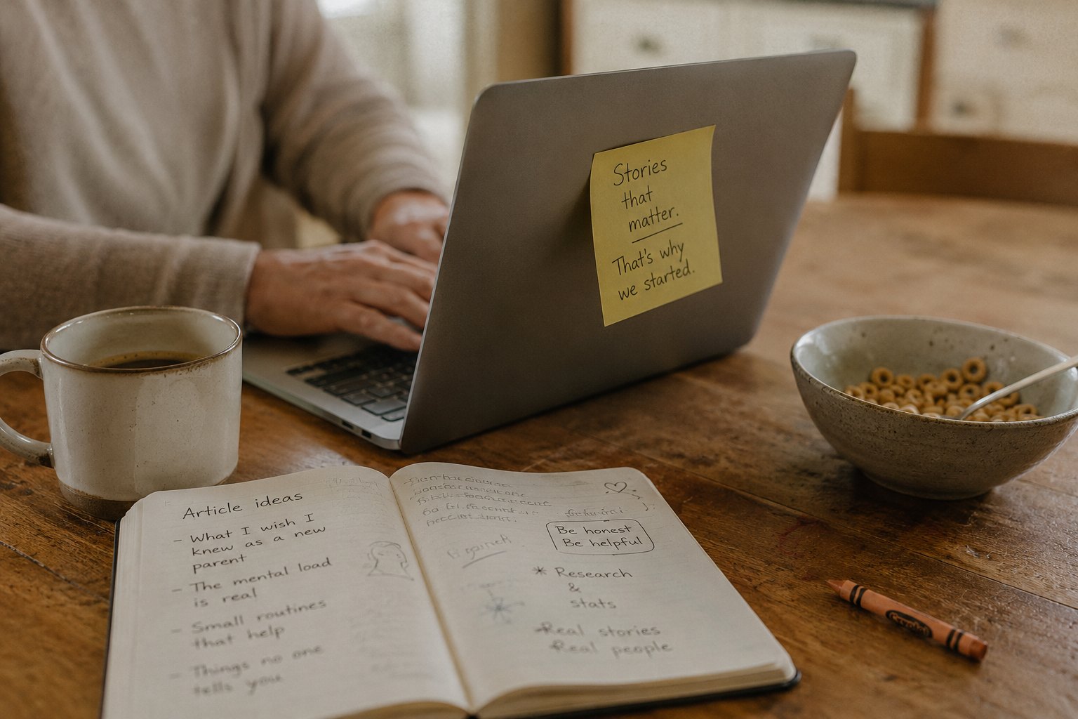 A kitchen table at night with a laptop, a notebook of article ideas and a child's cereal bowl, where Decoded Kids started