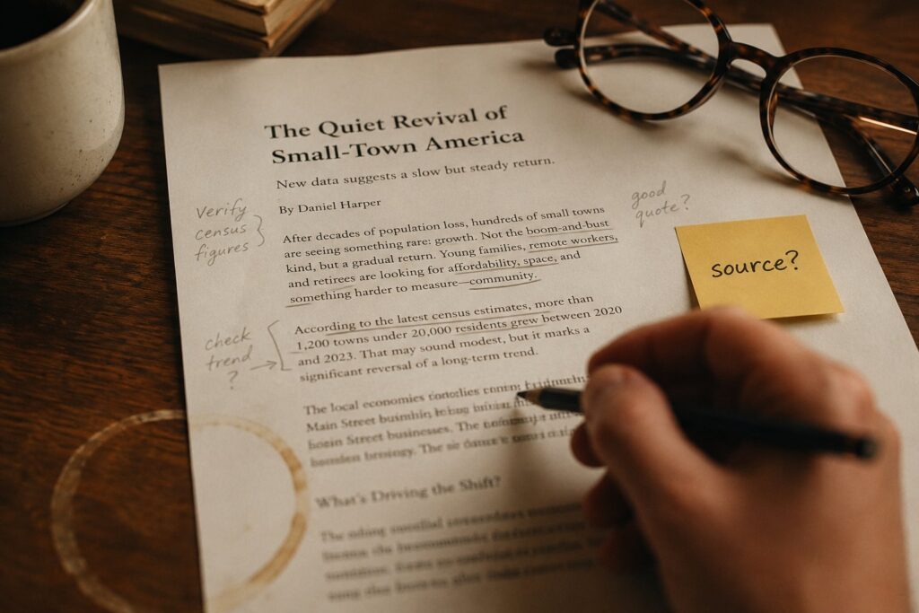 A printed guide being checked and marked up with pencil notes during an accuracy review