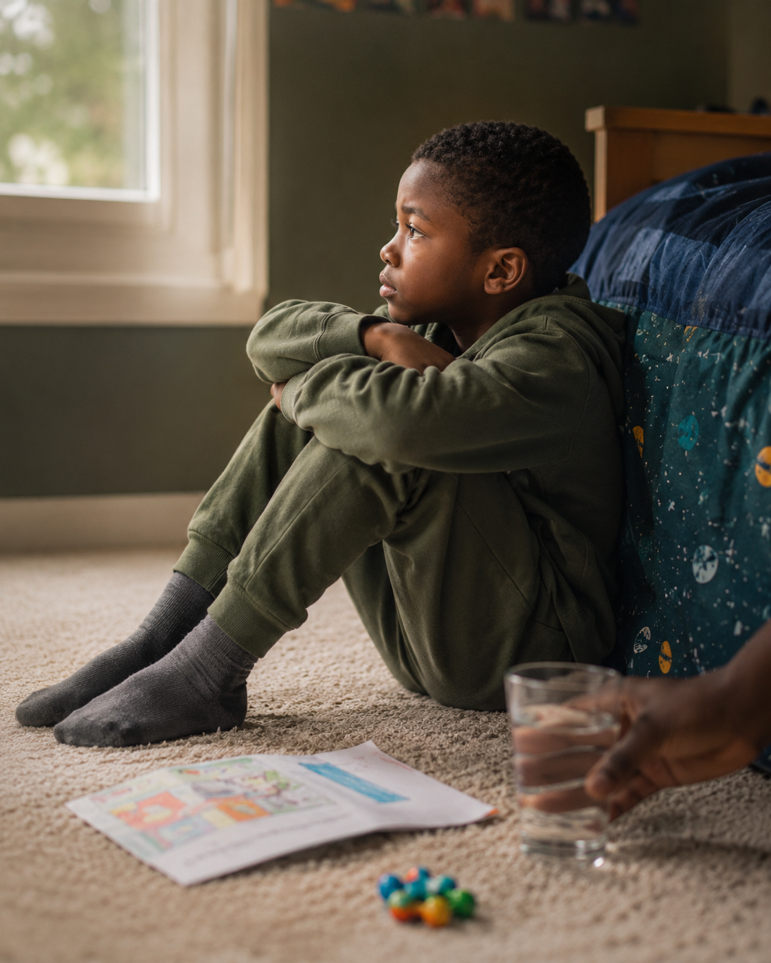 A young boy sits on the floor against his bed, knees drawn up, looking thoughtfully toward the window while a parent sets a glass of water nearby