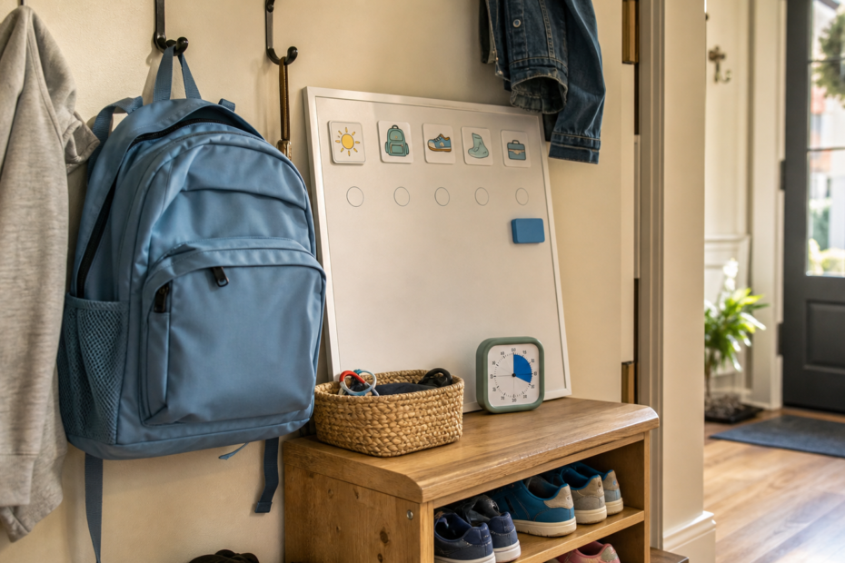 Family entryway with backpack, shoes, visual routine board, basket, and visual timer for an ADHD-friendly school morning