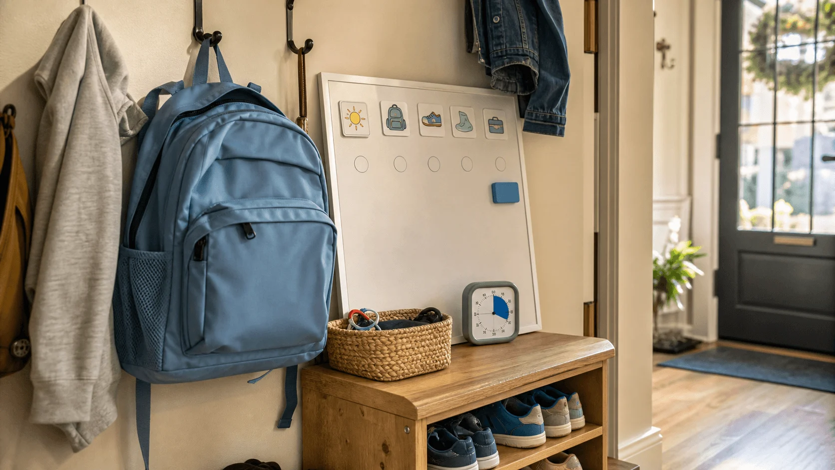 ADHD-friendly entryway with a printable visual schedule, backpack, shoes, basket, and timer