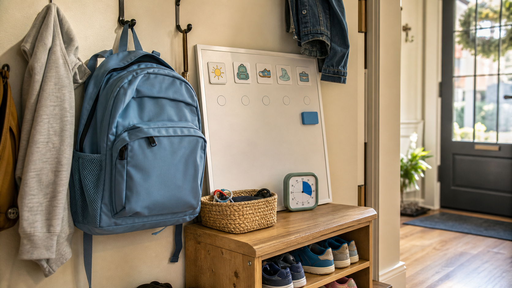 Family entryway with backpack, shoes, visual routine board, basket, and visual timer for an ADHD-friendly school morning