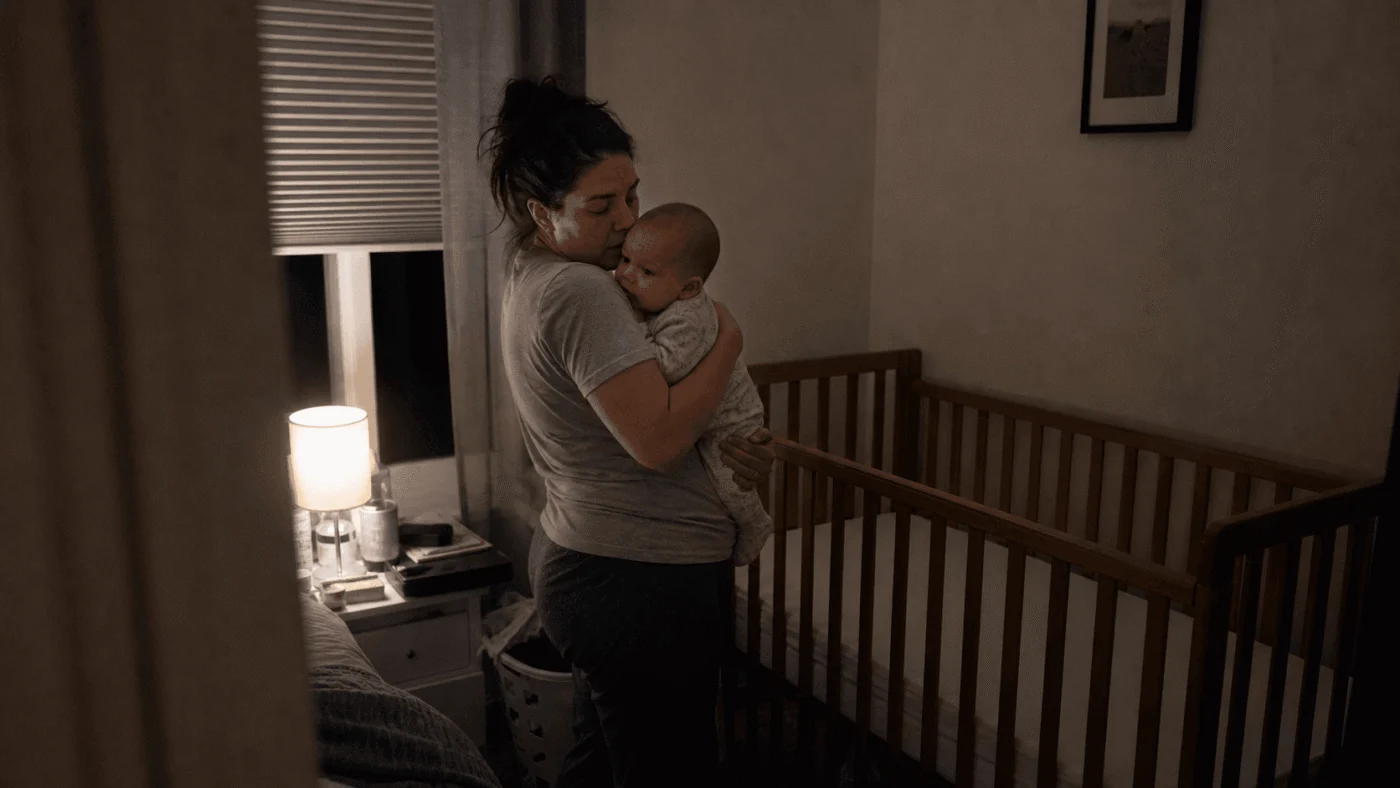A softly lit nursery at night, calm and uncluttered, ready for sleep