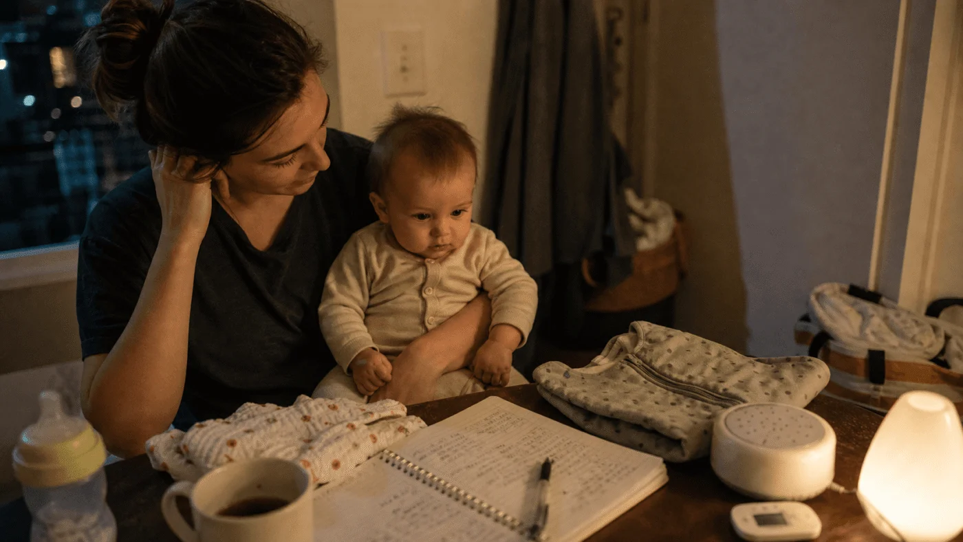 A calm, dimly lit nursery at night with a safe crib and a sleep sack laid out nearby