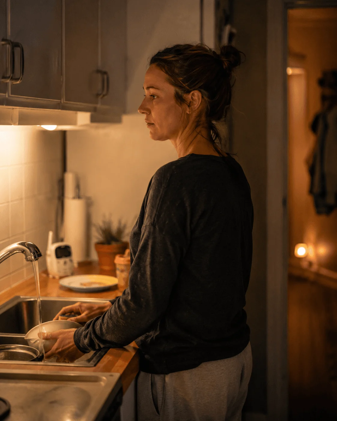 A single mother stands at the kitchen sink in the evening finishing the last of the dishes, a quiet end-of-day moment