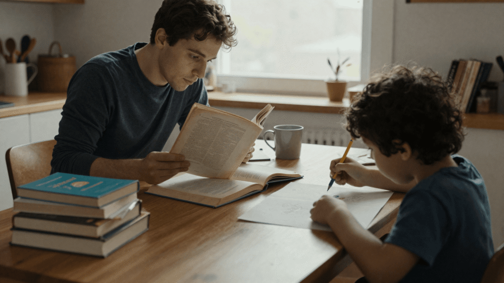 A parent reading a parenting book at the kitchen table while a young child colours nearby