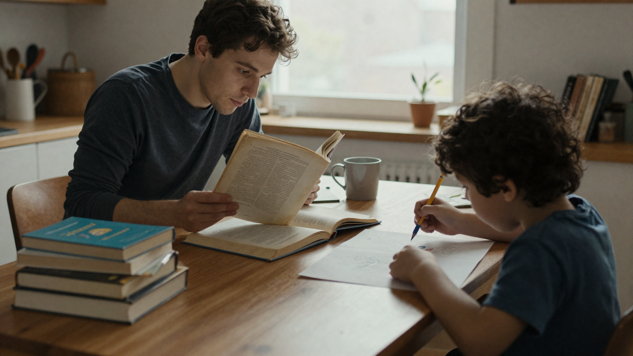 A parent reading a parenting book at the kitchen table while a young child colours nearby
