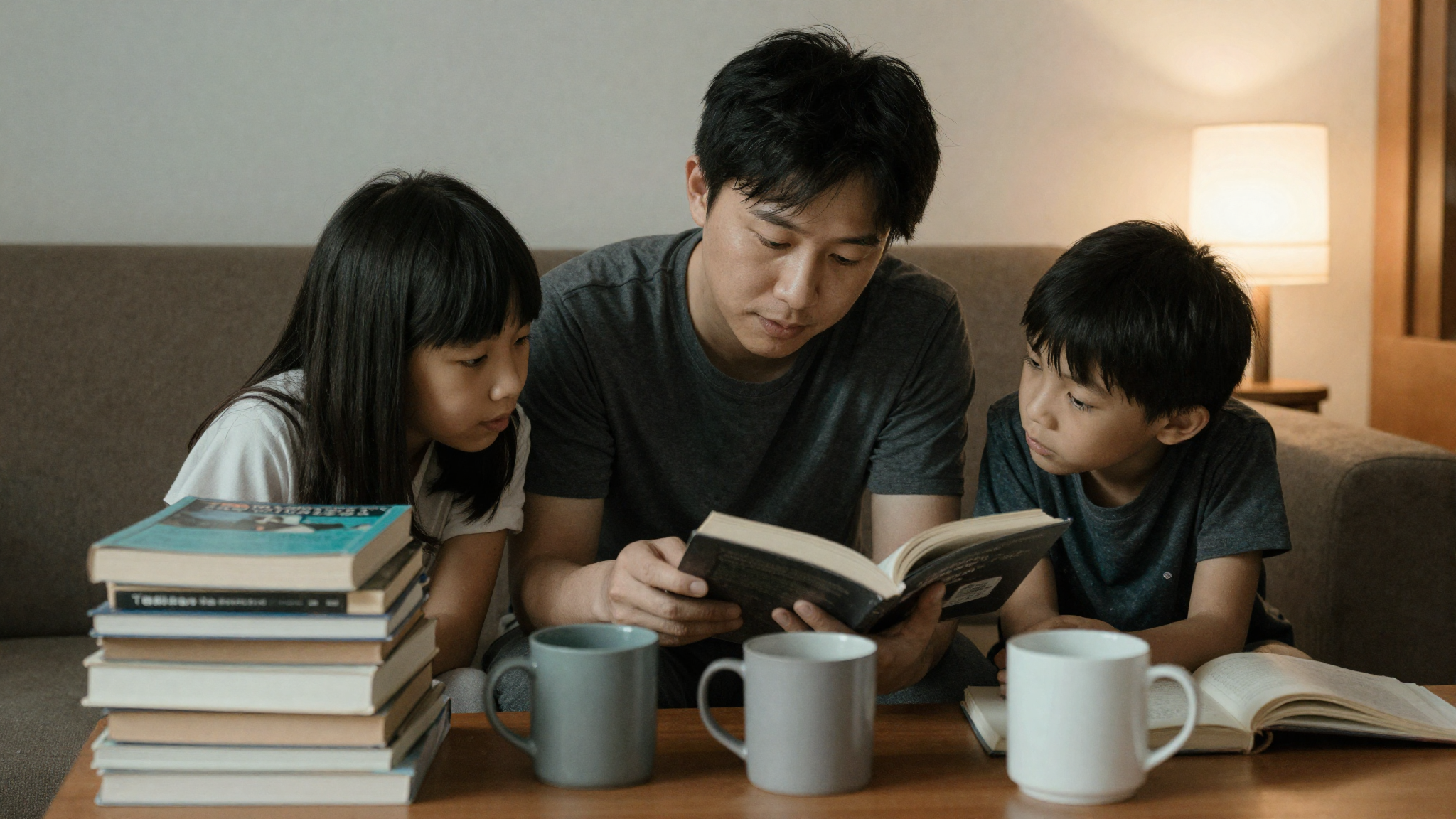 A single parent reading on the sofa with two children leaning in under warm lamp light
