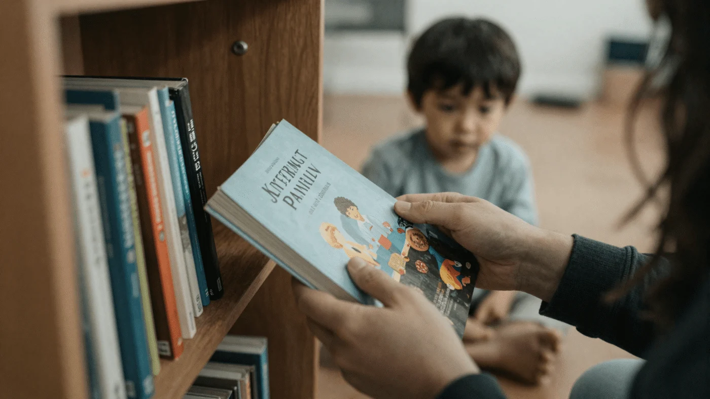 Parent choosing a parenting book from a shelf in warm natural light