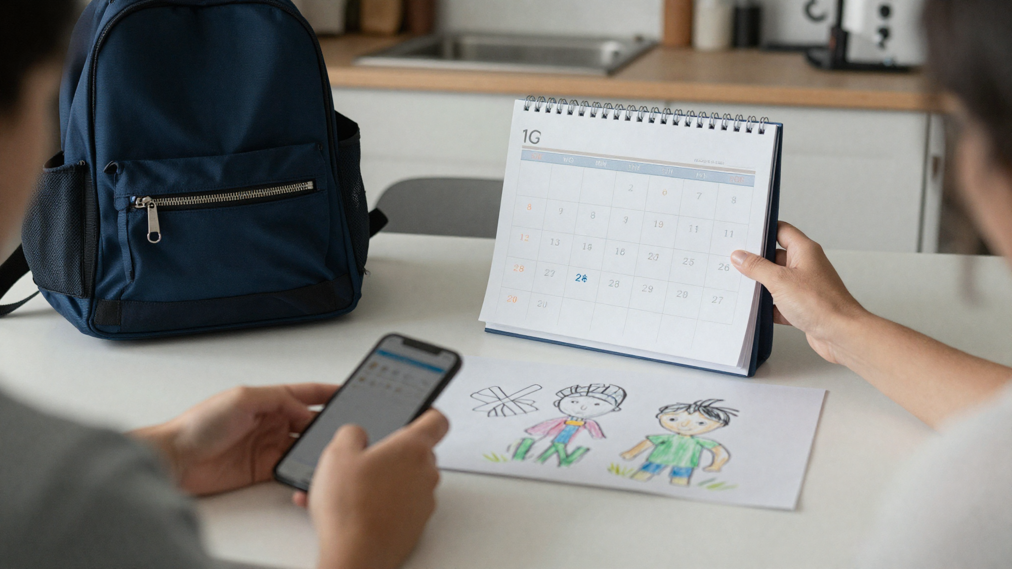 A separated parent checking a shared calendar on a phone at the kitchen table near a child school bag