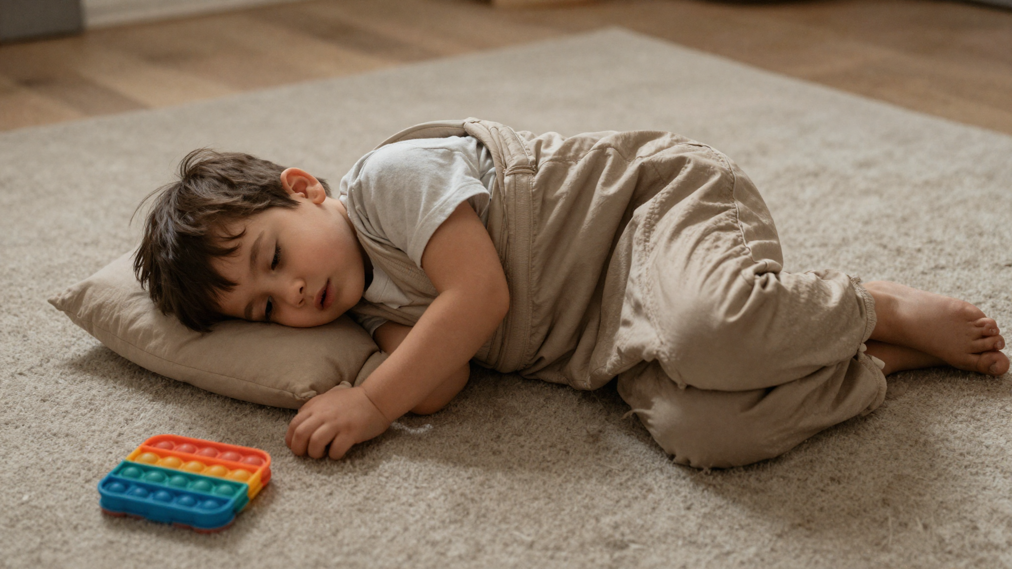 A child curled comfortably inside a stretchy sensory body sock on a rug with fidget toys nearby