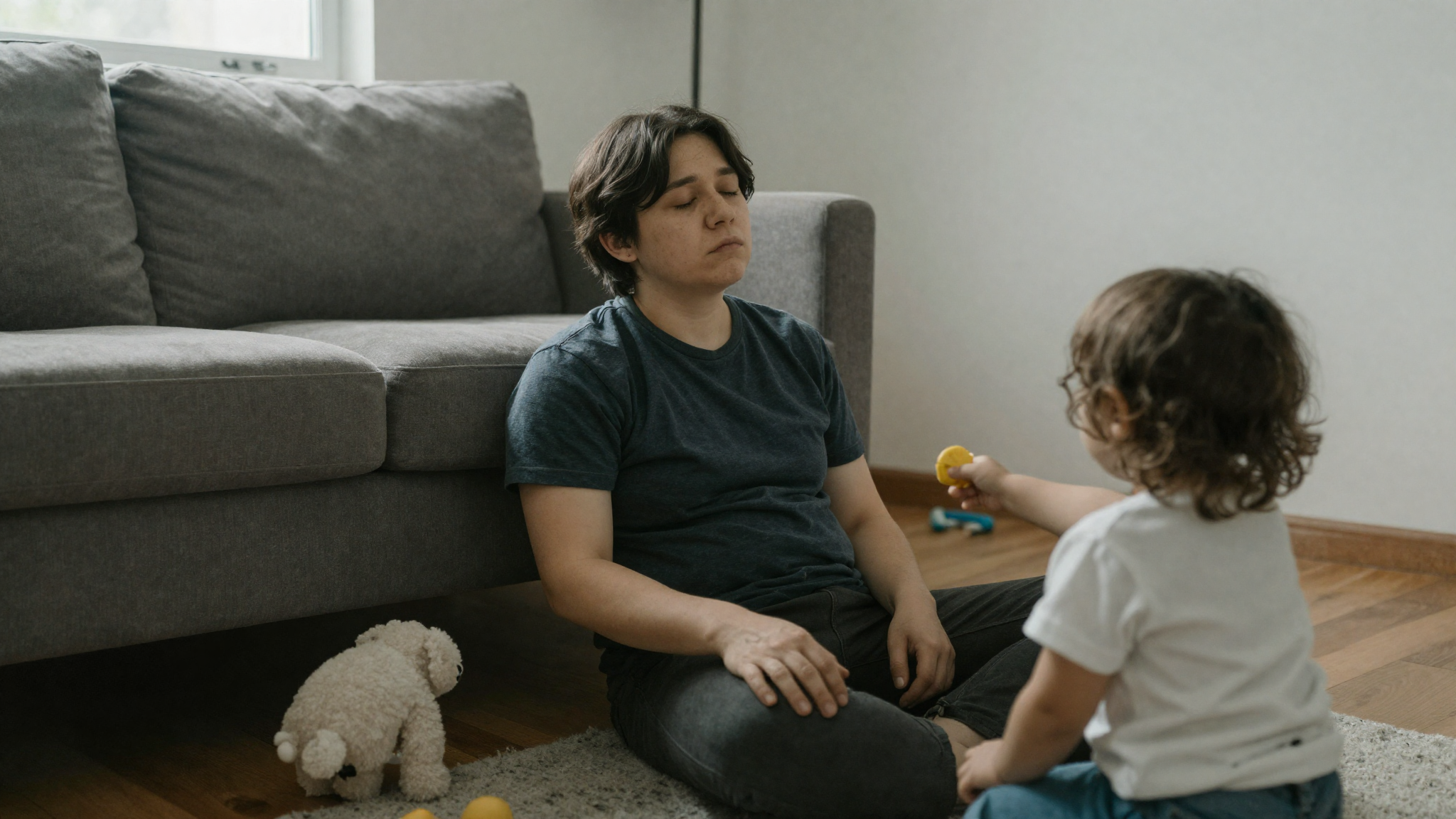 A tired parent resting on the floor against a sofa with eyes closed while a child plays nearby