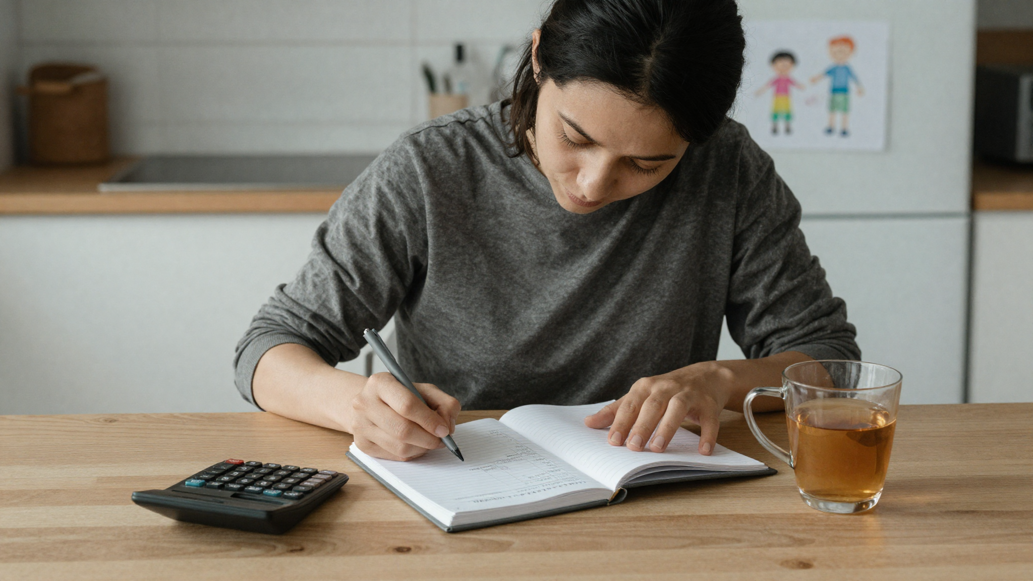 Single parent budgeting at a kitchen table with notebook, calculator and household bills