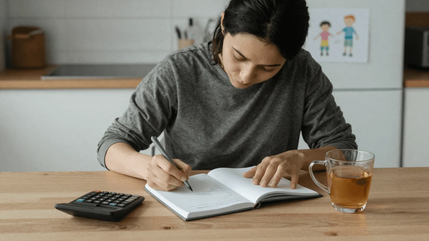 A single parent budgeting at a kitchen table with a notebook, calculator and a small stack of household bills