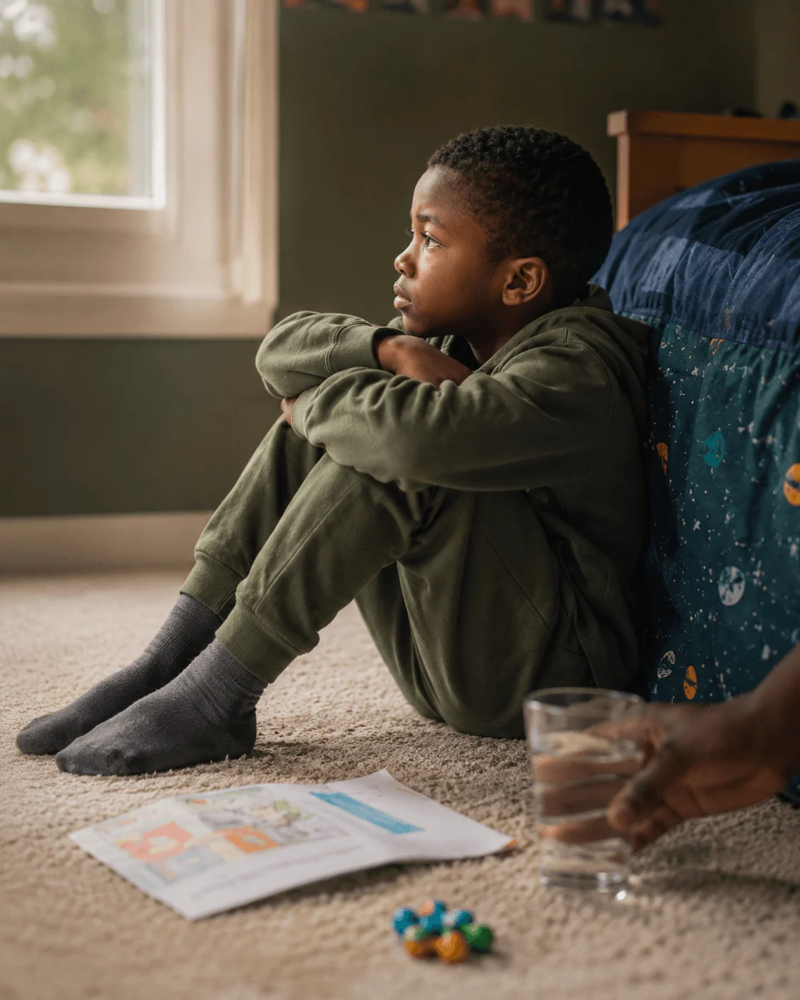 A young boy takes a break on the floor beside a worksheet, knees hugged, as a parent hand sets down a glass of water nearby