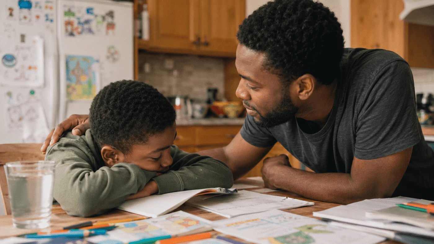 A dad sits beside his young son at the kitchen table during homework, one hand on his shoulder, pencils and an open workbook in afternoon light