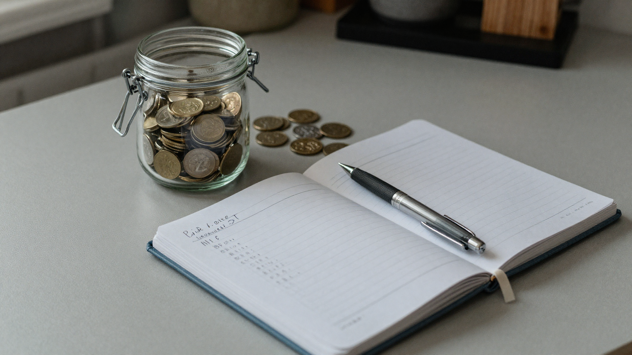 Notebook budget and household bills on a table for one-income family planning