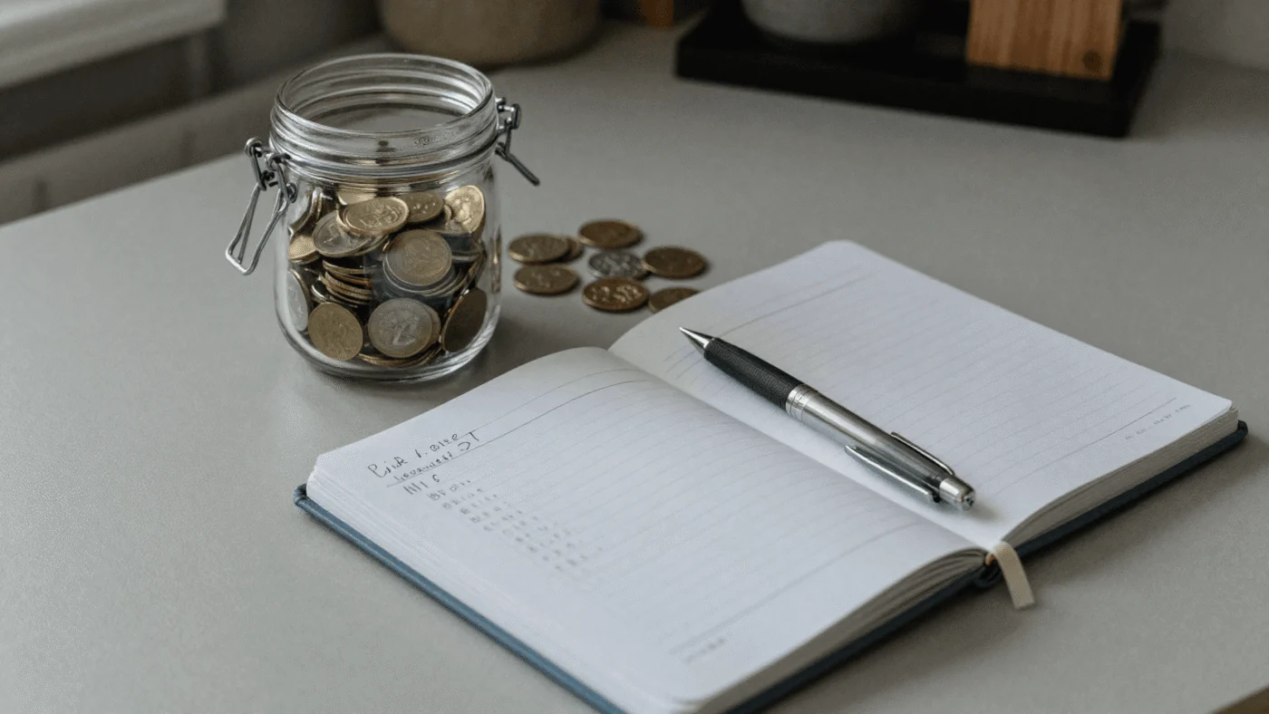 A notebook budget and household bills laid out on a table for one-income family planning