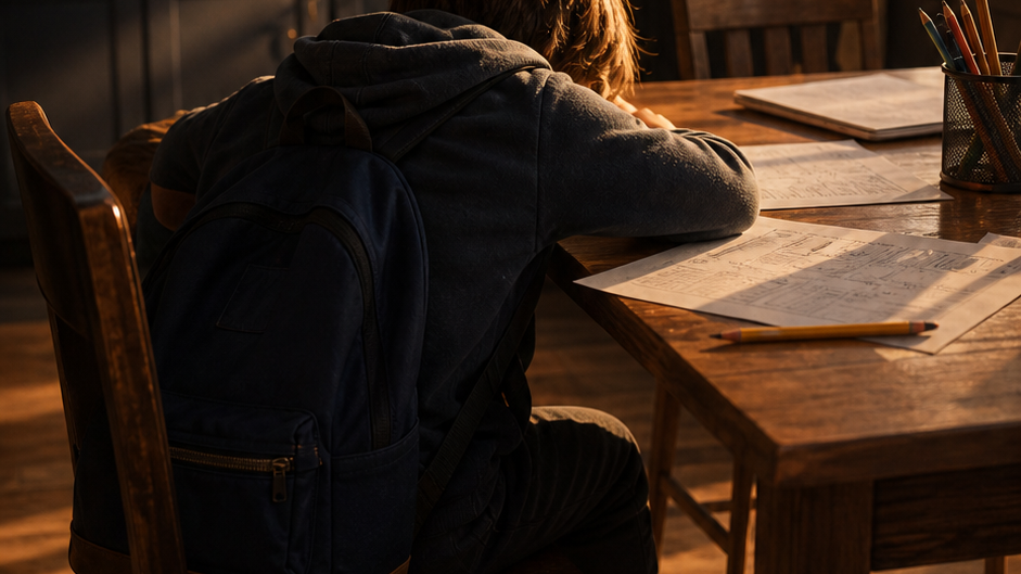 A child sitting with schoolwork in warm evening light, used for a Decoded Kids article about child anxiety that looks like anger.