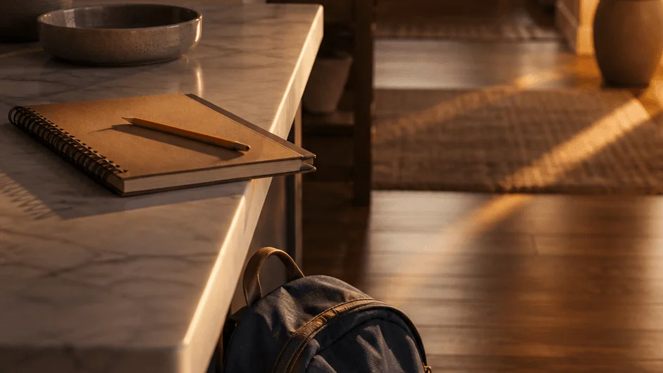 A backpack near the front door in warm morning light, used for a Decoded Kids article about school anxiety.