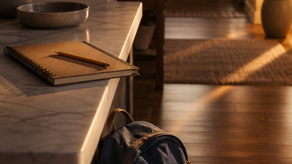 A backpack near the front door in warm morning light, used for a Decoded Kids article about school anxiety.