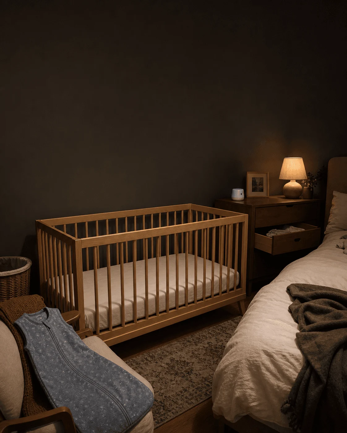 A lived-in parent bedroom at night with an empty, safe crib, a fitted sheet, and a sleep sack laid out beside it