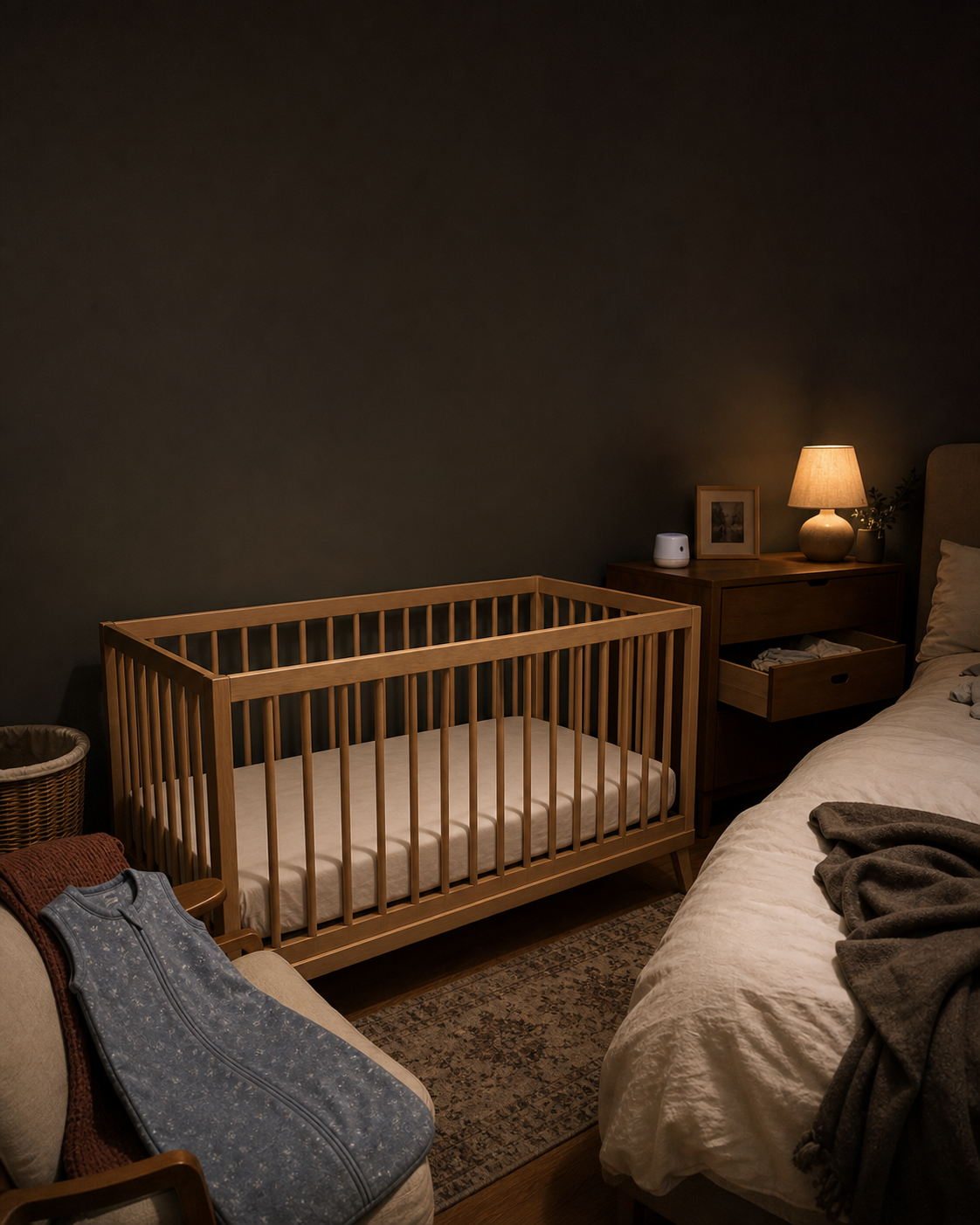 Realistic lived-in parent bedroom with an empty safe crib, fitted sheet, and sleep sack outside the crib