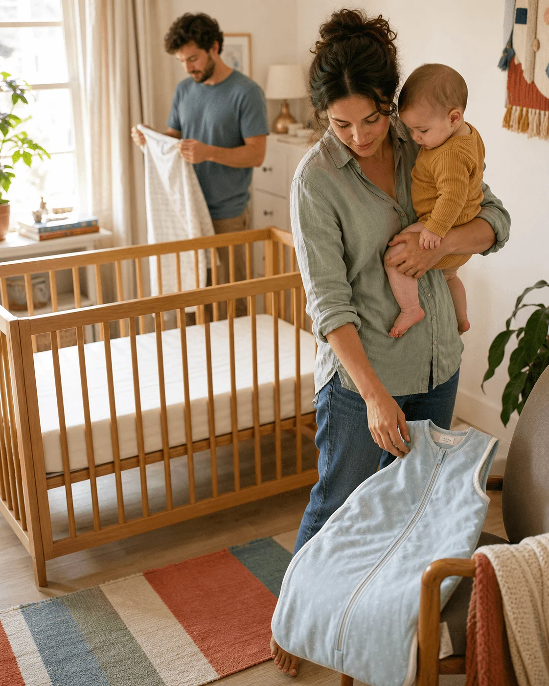 A parent holds an awake baby beside an empty, safe crib while another parent folds a fitted sheet in soft daylight