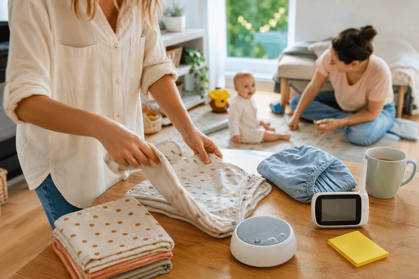 Safe baby sleep products laid out on a table while a parent sorts sleep sacks and an awake baby plays nearby