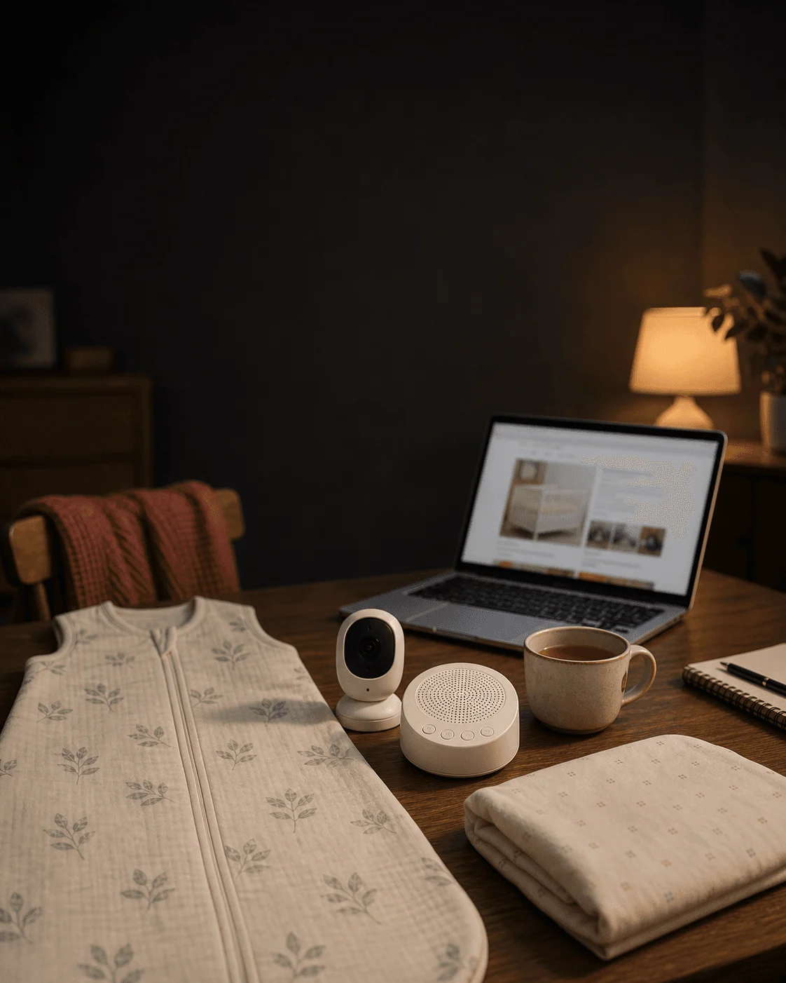 A late-night table with safe baby sleep products, a cup of tea, a folded crib sheet, a sleep sack and a monitor