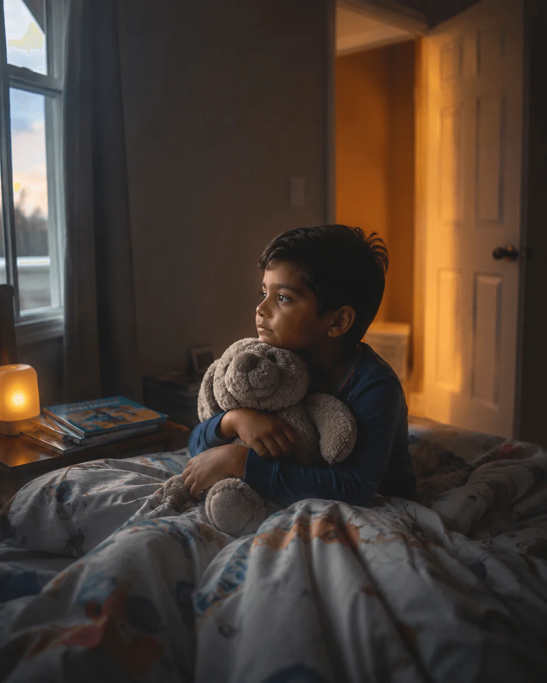 A young boy sits up in bed at dusk hugging a weighted plush animal, calm after his bedtime fear has settled