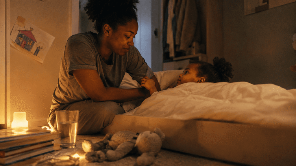 A young mother kneels at her daughter's bedside in the dark, the room lit by a warm amber night-light, as the child looks warily toward the doorway