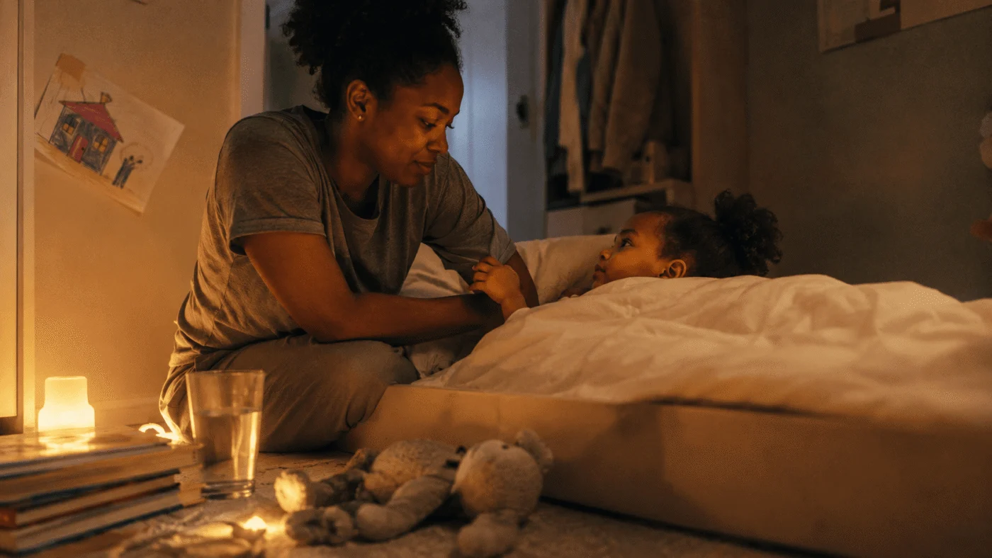 A young mother kneels at her daughter's bedside in the dark, the room lit by a warm amber night-light, as the child looks warily toward the doorway