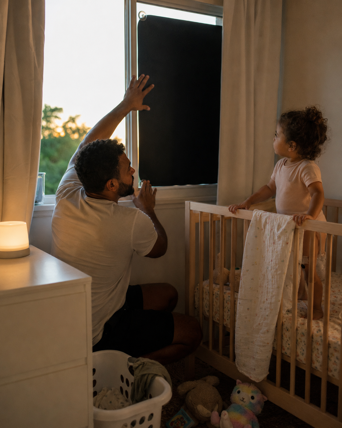 A young father presses a portable blackout blind onto the window as his toddler watches from the cot, the summer evening light half-darkened
