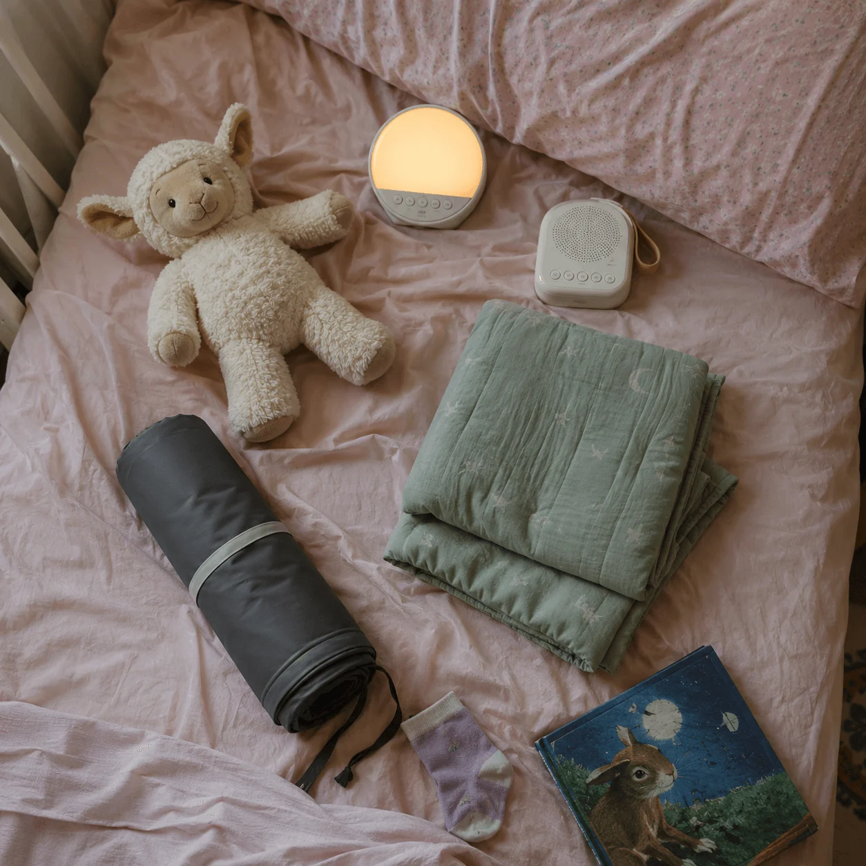 An honest flat-lay of real kids sleep tools on rumpled bedding: a glowing amber clock, a white-noise machine, a folded weighted blanket, a rolled blackout panel and a plush sheep