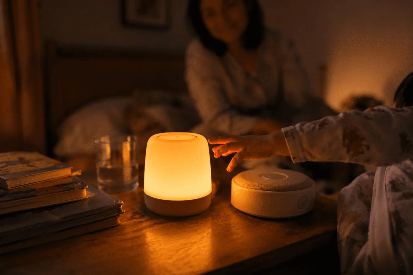 A child's nightstand at bedtime with a glowing amber sound-and-light clock, a small hand reaching for it and a parent watching softly in the background
