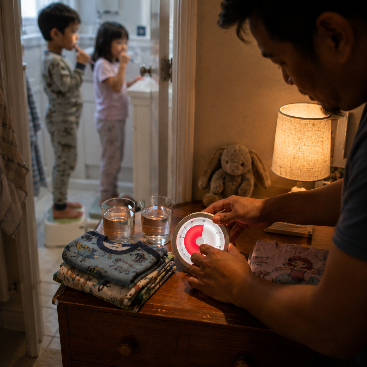 A single parent's hands set a red-disc visual timer on a nightstand beside two filled water cups and folded pyjamas, the kids brushing teeth out of focus behind