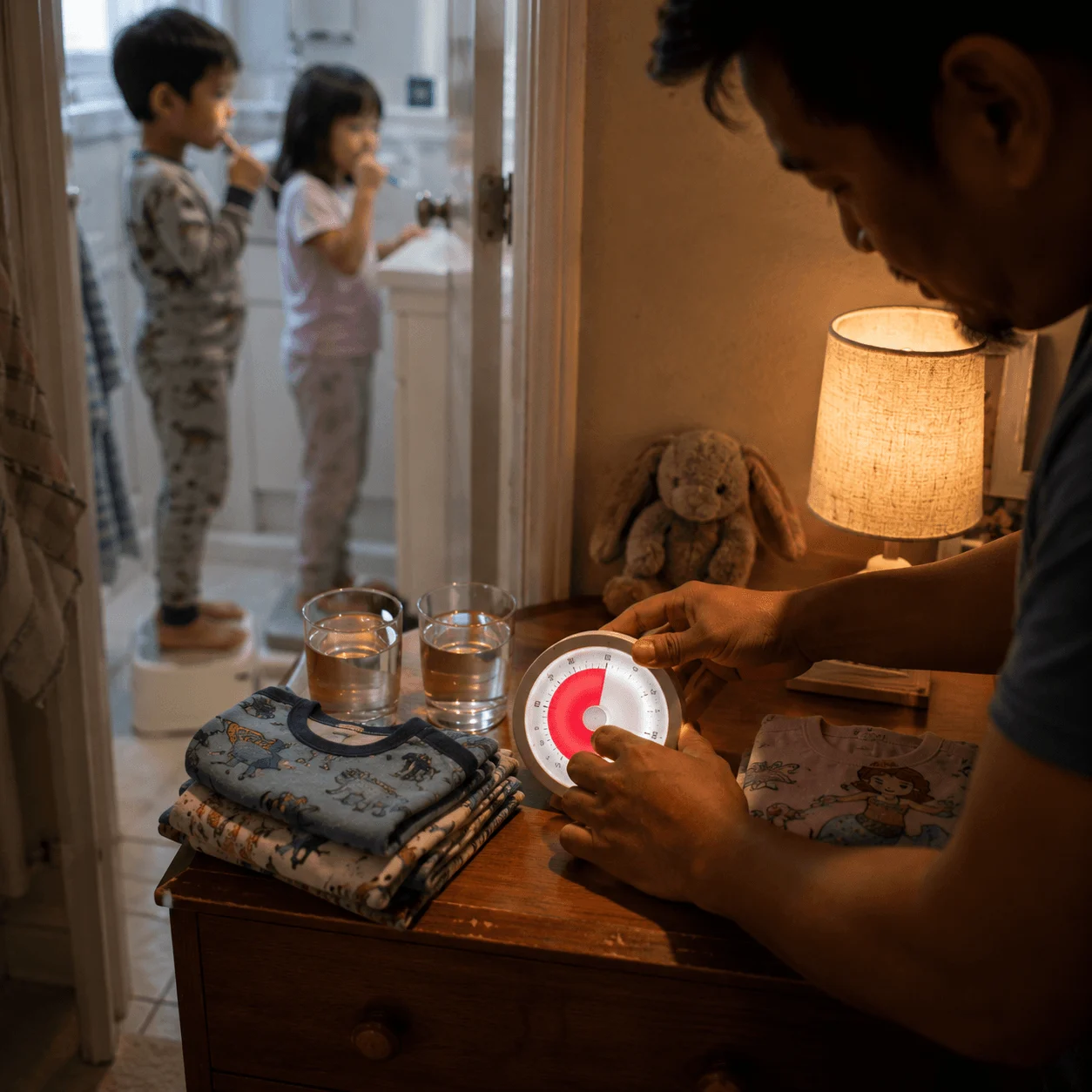 A single parent's hands set a red-disc visual timer on a nightstand beside two filled water cups and folded pyjamas, the kids brushing teeth out of focus behind